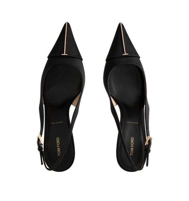Image 4 of 4 - BLACK - Tom Ford Womens Thea Slingback Pumps are crafted from satin with Swarovski crystal embellishments. Feature a pointed toe with signature pale gold-tone T metal detail, adjustable slingback strap, stiletto heel, and leather sole. Heel Height: 8.5 cm. Main Material: 68% Viscose, 32% Silk; Embellishment: Swarovski Crystals; Sole: Leather. Made in Italy.