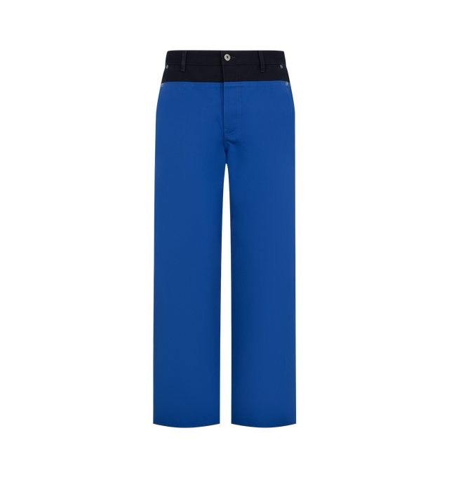 Image 1 of 3 - BLUE - LOEWE Trousers in lightweight cotton canvas featuring a contrasting paneling placed at the waist, regular fit, regular length, mid waist, straight leg, button fastening, concealed zip fly, front slash pockets, rear patch pockets and LOEWE debossed suede patch placed at the back. Cotton. Made in Italy.