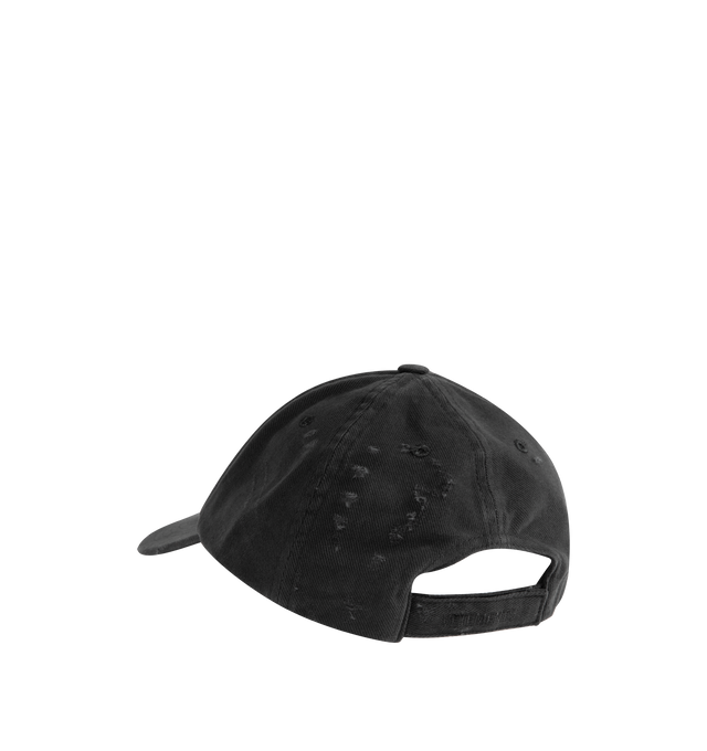 Image 2 of 2 - BLACK - VETEMENTS Friday Distressed Cap featuring embroidered text on front, curved brim and adjustable strap. 100% cotton. Made in Portugal.