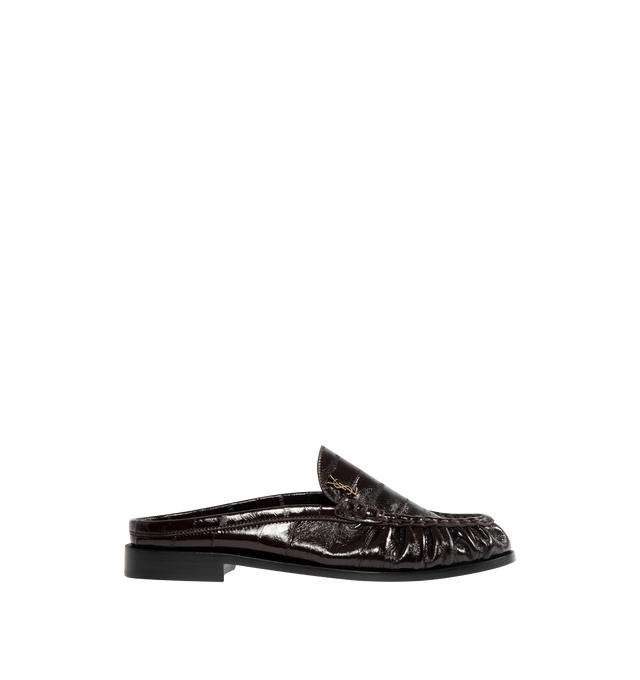 Image 1 of 4 - BROWN - SAINT LAURENT Le Loafer Mule featuring croc-embossed leather upper with leather sole, slip-on styling, cushioned leather footbed, signature penny loafer strap, cassandre at vamp and almond toe. Made in Italy.