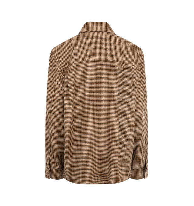 Image 2 of 2 - BROWN - SAINT LAURENT Overshirt in puppy tooth featuring buttoned front closure, a pointed collar, flap pockets at the chest, one-button cuffs and logo embroidery at the hip. 37% acrylic pc, 30% wool, 23% polyester, 5% polyamide, 3% other fibers, 2% silk. Made in Italy.