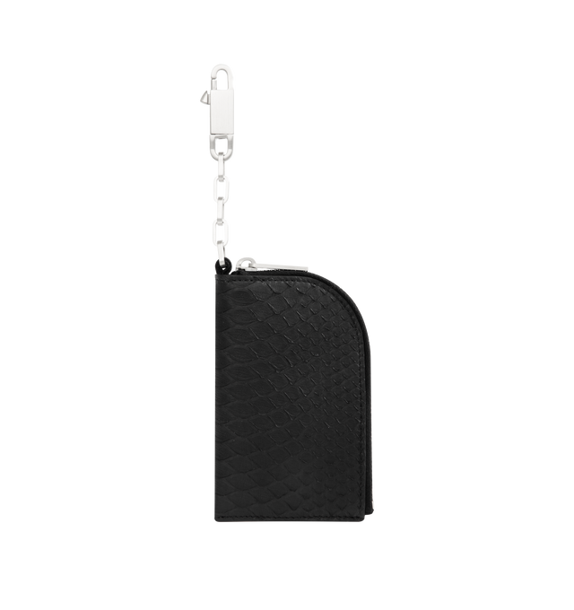 Image 1 of 3 - BLACK - RICK OWENS Hook Wallet featuring grained buffalo leather wallet, logo embossed at face, chain link with clasp at top, zip closure, unlined and logo-engraved silver-tone hardware. H4.5" x W3" x D0.5". Buffalo leather. Made in Italy.