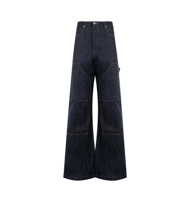 Image 1 of 3 - BLUE - DARK SHADOW Strobe Double Knee Jeans featuring wide fit, layered knee patched, 6 pockets, button fly, tool pocket, hammer loop, logo patch on waistband and belt loops. 100% cotton.