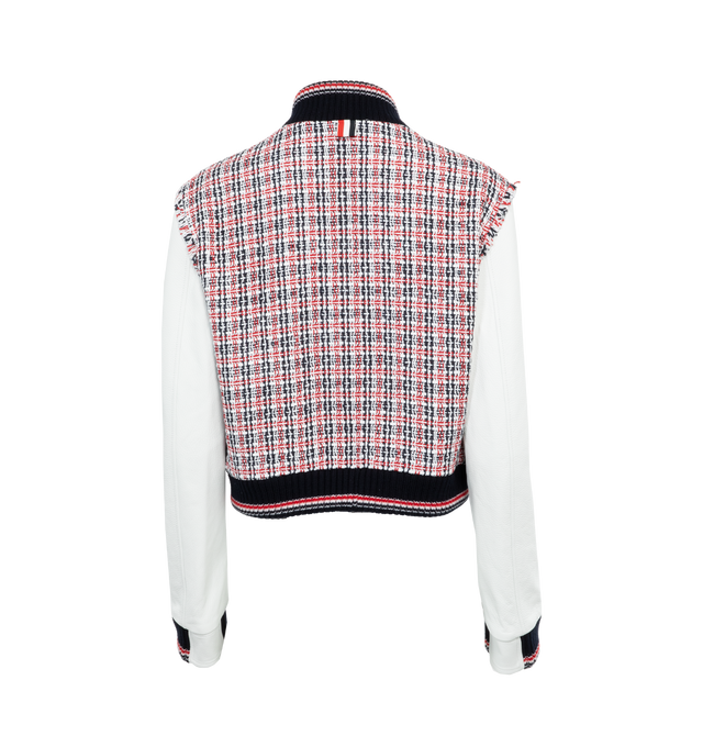 Image 2 of 6 - MULTI - THOM BROWNE Crochet Tweed Cropped Varsity Jacket featuring front button closure, snap button slip side pockets, striped lining with interior pocket and name tag and signature striped grosgrain loop tab. 100% cotton. 100% lamb leather. 100% wool. 