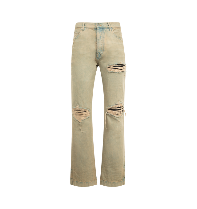 Image 1 of 3 - BROWN - AMIRI MX1 Straight Flare Jean featuring button fly closure, 5-pocket styling and midweight rigid denim with intentional distressing. 100% cotton. Made in Italy.