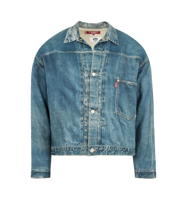 Image 1 of 3 - BLUE - JUNYA WATANABE Denim Style Blouson featuring faded effect, classic collar, front button fastening, long sleeves, chest patch pocket, buttoned cuffs and cinch strap to the rear. 100% flax. Made in Japan.