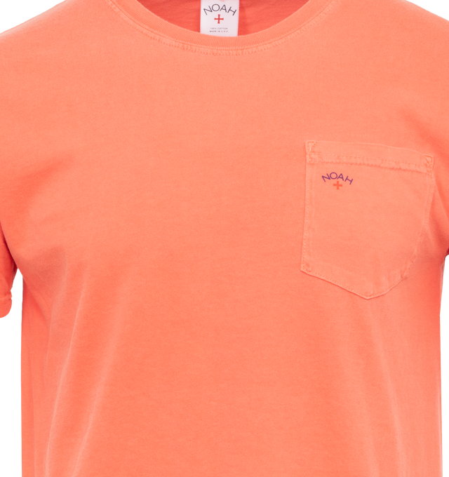 Image 2 of 2 - ORANGE - NOAH Core Logo Pocket T-shirt featuring logo print at the chest, crew neck, short sleeves, chest patch pocket and straight hem. 100% cotton.  
