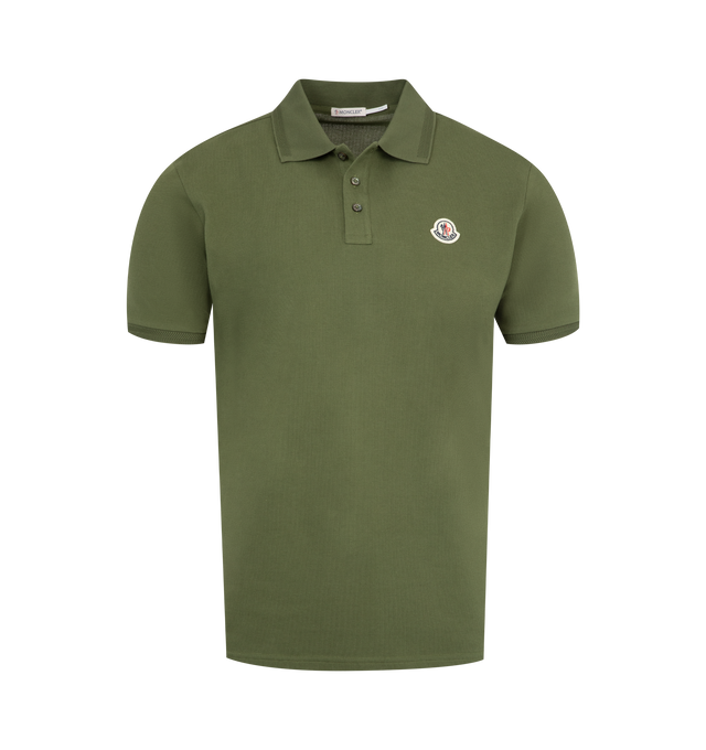 Image 1 of 2 - GREEN - MONCLER Polo Shirt featuring cotton piquet, collar, mother-of-pearl buttons, short sleeves and logo patch. 100% cotton.