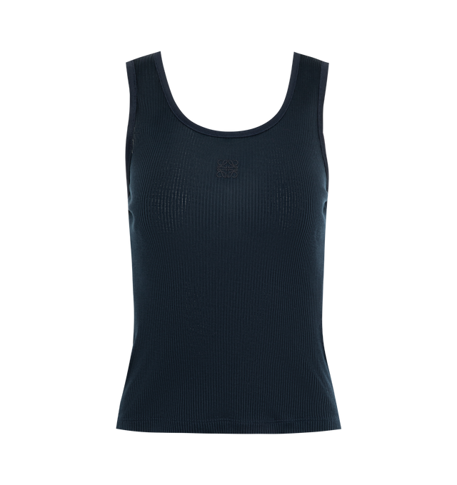 Image 1 of 1 - NAVY - Loewe Tank top crafted in lightweight ribbed silk jersey. Features a slim fit, regular length, scoop neck with anagram embroidery placed at the front. Made in Italy. 