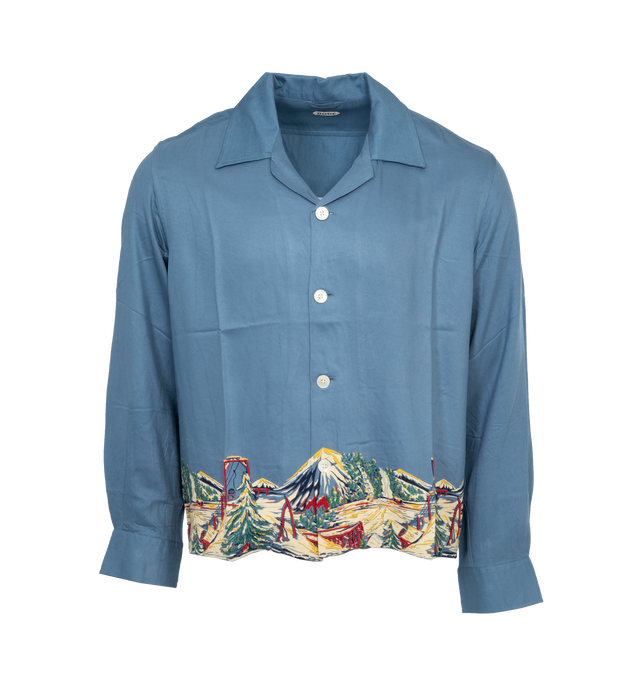 Image 1 of 4 - BLUE - BODE Ski Lift Shirt featuring open spread collar, button closure, printed graphics and beaded detailing at hem, single-button barrel cuffs and beaded logo at back hem. 100% rayon. Made in India. 