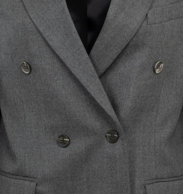 Image 3 of 3 - GREY - WARDROBE.NYC Double-Breasted Blazer featuring peak lapels, long sleeves with button cuffs, chest welt pocket, double-breasted button front, waist flap pockets nd back slits. 100% wool. Lining: 100% viscose. 