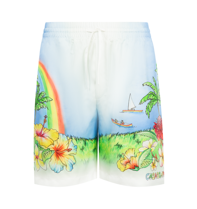Image 1 of 3 - MULTI - CASABLANCA Aloha Printed Swim Shorts featuring a vibrant, painted depiction of Kauai, Hawaii, an elasticised waistband, side pockets and technical swim fabric construction. 100% polyester. Lining: 80% polyester 20% elastane. Made in Portugal.