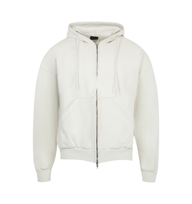 Image 1 of 2 - WHITE - BALENCIAGA Security Tape Zip-Up Hoodie featuring dry fleece, hood without drawstring, dropped shoulders, double-ended zip fastening, 2 pockets at front, gathered at cuffs and waistline, worn-out details and security tape artwork at back and sleeves. 100% cotton. Made in Portugal.