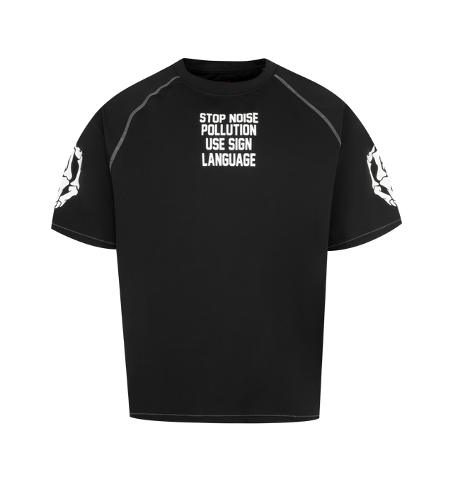 Image 1 of 2 - BLACK - PLEASURES Pollution Boxy Raglan Tee featuring ribbed collar, raglan sleeves with contrasting stitching, printed text on chest, printed graphic on sleeves and printed wordmark on upper back. 75% nylon, 25% spandex.