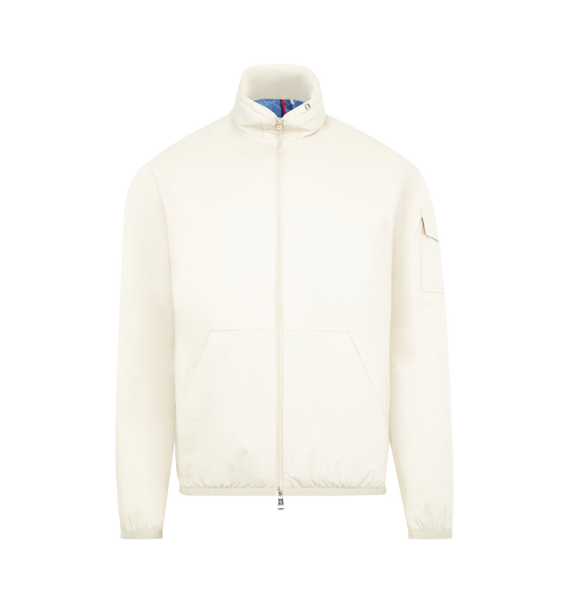 Image 1 of 3 - WHITE - MONCLER Breezes Short Padded Jacket featuring longue saison, micro ripstop lining, padded, pull-out hood, zipper closure, zipped pockets, sleeve pocket with snap button closure and elastic cuffs and hem. 100% polyamide/nylon. Padding: 90% down, 10% feather.