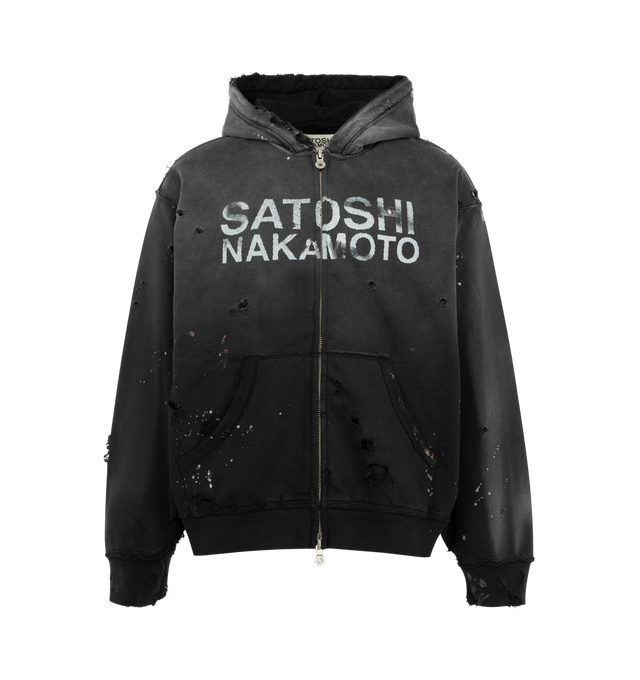Image 1 of 2 - BLACK - SATOSHI NAKAMOTO Luke Fleece Hoodie featuring zip front closure, fixed hood, long sleeves, distressed throughout, ribbed cuffs and hem, front pouch pockets and logo on front. 100% cotton.