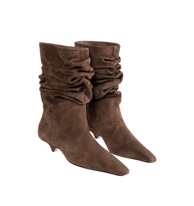 Image 2 of 4 - BROWN - AMINA MUADDI Jamie Bootie 25 featuring 25mm slanted heel, slouched bootie and pointed toe. 100% suede calfskin. Lining: 92% calfskin, 8% kid lining. Sole: 90% calfskin, 10% TPU. Made in Italy.