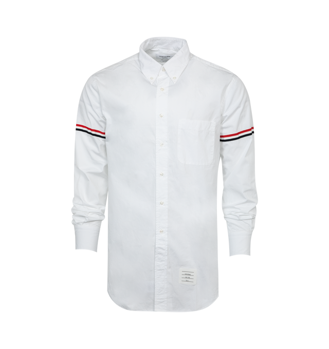 Image 1 of 2 - WHITE - THOM BROWNE GROSGRAIN ARMBAND SHIRT featuring spread collar, button closure, patch pocket at chest, logo patch at shirttail hem, grosgrain trim with button fastening at sleeves, single-button barrel cuffs, tricolor grosgrain flag at back collar and locker loop at back yoke. 100% cotton. 