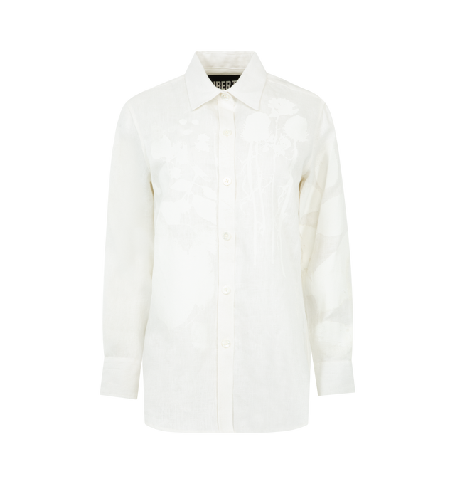 Image 1 of 2 - WHITE - LIBERTINE White on White Hand Silk Screen Classic Shirt featuring classic fit, button closure, shirttail hem and buttoned cuffs. 100% linen. Made in USA.