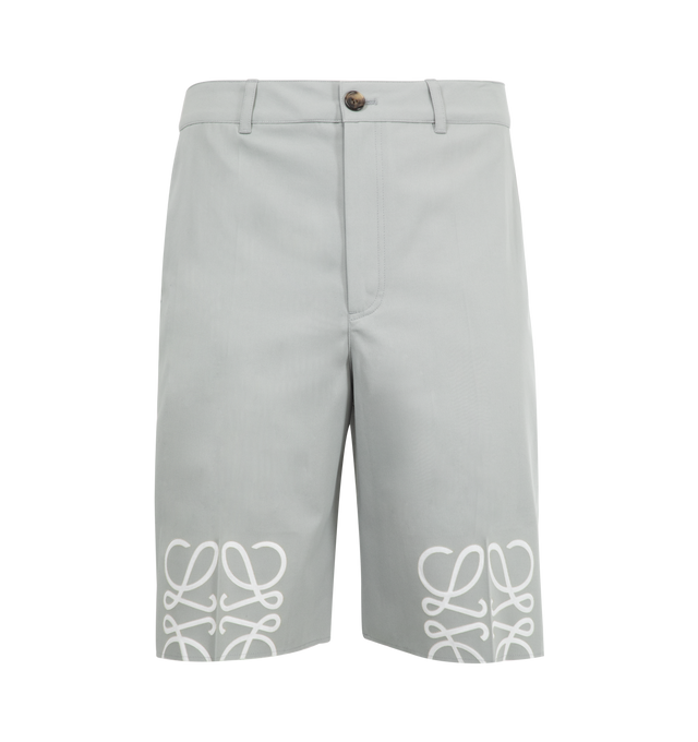 Image 1 of 3 - GREY - LOEWE Anagram Shorts in lightweight compact cotton twill featuring Anagram cut-outs at the knees, regular fit, regular length, mid waist, concealed button fly, slash pockets, rear patch pockets and LOEWE embossed leather patch placed at the back. Cotton. Made in Italy.