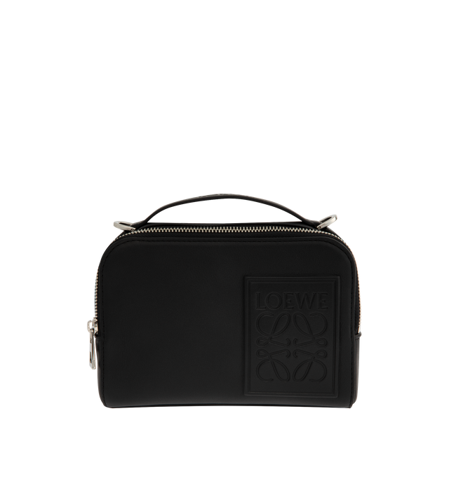 Image 1 of 3 - BLACK - LOEWE Mini Crossbody Camera Bag in satin calfskin featuring two zipped compartments, crossbody or hand carry, adjustable and detachable LOEWE webbing strap, herringbone cotton canvas lining and debossed LOEWE Anagram patch. Satin calf. 13 cm x 18 cm x 8.5 cm. Made in Portugal.