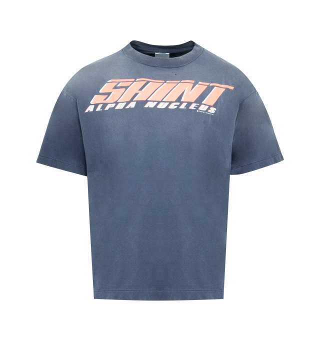 Image 1 of 2 - NAVY - SAINT MICHAEL Saint Alpha Tee featuring regular fit, crewneck, dropped shoulders, short sleeves, straight hem and graphic print. 100% cotton.