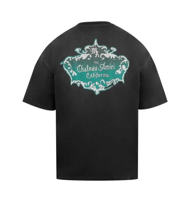 Image 2 of 2 - BLACK - AMIRI Chateau Crest T-shirt featuring cotton jersey, fading throughout, rib-knit crewneck, logo graphic printed at chest and back, dropped shoulders and oversized fit. 100% cotton. Made in Italy.