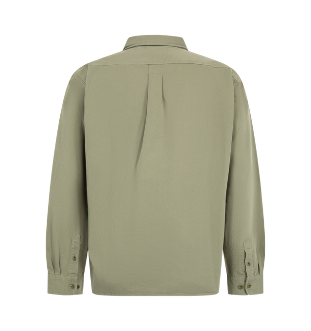 Image 2 of 2 - GREEN - Merz b. Schwanen Men's Cotton Herringbone Long Sleeve Shirt is crafted from organic cotton herringbone fabric and features a classic shirt collar, a chest pocket with tonal swan embroidery, tonal corozo fisheye button closures, and signature triangle inserts under the arms. Main Material: 100% Organic Cotton.