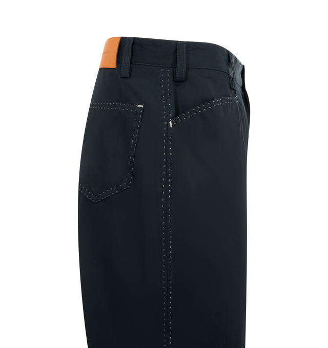Image 4 of 4 - NAVY - SECOND LAYER Angel Pants featuring a straight-leg silhouette embroidered with a metallic web design on the left thigh, side welt pockets, back patch pockets, zip fly and button closure. 100% polyester.