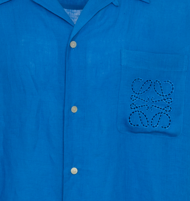 Image 3 of 3 - BLUE - LOEWE PAULA'S IBIZA Linen featuring relaxed fit, regular length, camp collar, short sleeves, button front fastening, chest patch pocket, straight hem and Anagram ajour embroidery placed on the chest pocket. Linen. Made in Portugal. 