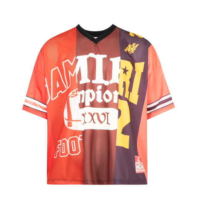 Image 1 of 2 - RED - AMIRI Spliced Oversized Mesh T-shirt featuring paneled construction, stripes throughout, rib-knit V-neck, logo graphics printed at front, dropped shoulders, text printed at sleeves and back and stripes at sleeves. 100% polyester. Trim: 96% polyester, 4% elastane. Made in Italy.