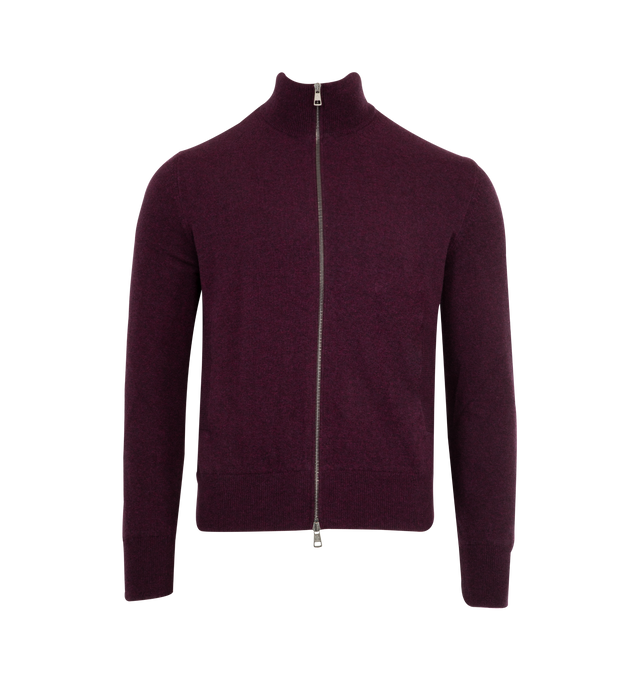 Image 1 of 3 - RED - MONCLER Zip-Up Cardigan featuring a wool and cashmere blend, Airsoft lining, interlock knit, gauge 12, zipper closure, front pockets and leather logo patch. 90% virgin wool, 10% cashmere.