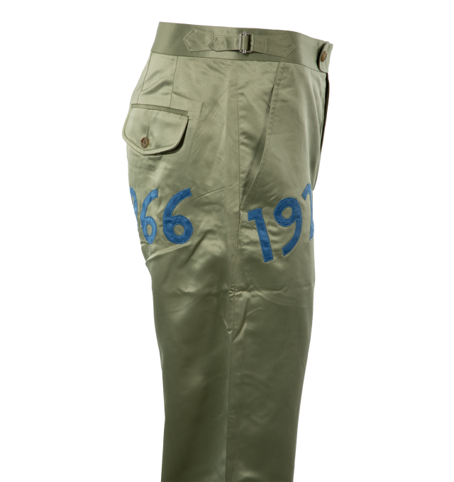 Image 3 of 5 - GREEN - BODE Decades Trousers featuring side buckle waist adjusters for ideal fit, two side slash pockets and two back flap pockets. 100% polyester. Made in India. 
