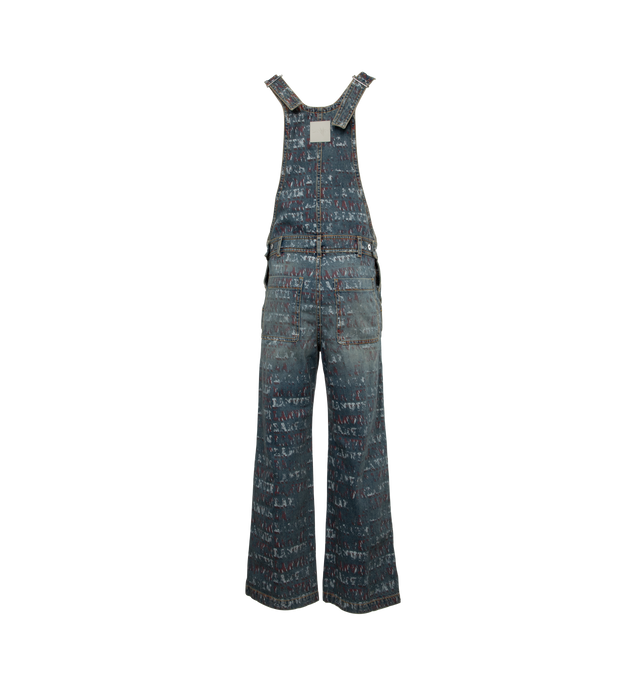Image 2 of 3 - BLUE - LANVIN LAB X FUTURE LOOSE-FIT PRINTED DENIM JUMPSUIT featuring an exclusive prints inspired by the urban world of the artist FUTURE. This jumpsuit revisits the Lanvin logo in a washed-out motif that covers the entire piece. Loose fitting with belt loops at the waist, two patch pockets in back, square neckline with straps and metal buckle closure. 100% cotton woven fabric and lining.  Made in Italy. 