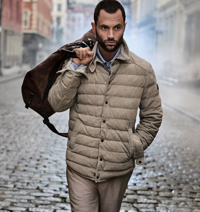 Image 2 of 4 - NEUTRAL - MONCLER Bourdon Down Shirt Jacket featuring AirSoft lining, down-filled, zipper and snap button closure, pockets with snap button closure, zipped inner pocket, adjustable cuffs and leather logo patch. 100% polyester. Padding: 90% down, 10% feather.