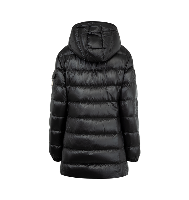 Image 2 of 3 - BLACK - MONCLER Glements Hooded Mid-Length Down Jacket featuring longue saison lining, down-filled, hood, zipper closure, zipped pockets, sleeve pocket with snap button closure and adjustable cuffs. 100% polyamide/nylon. Padding: 90% down, 10% feather. Made in Moldova.