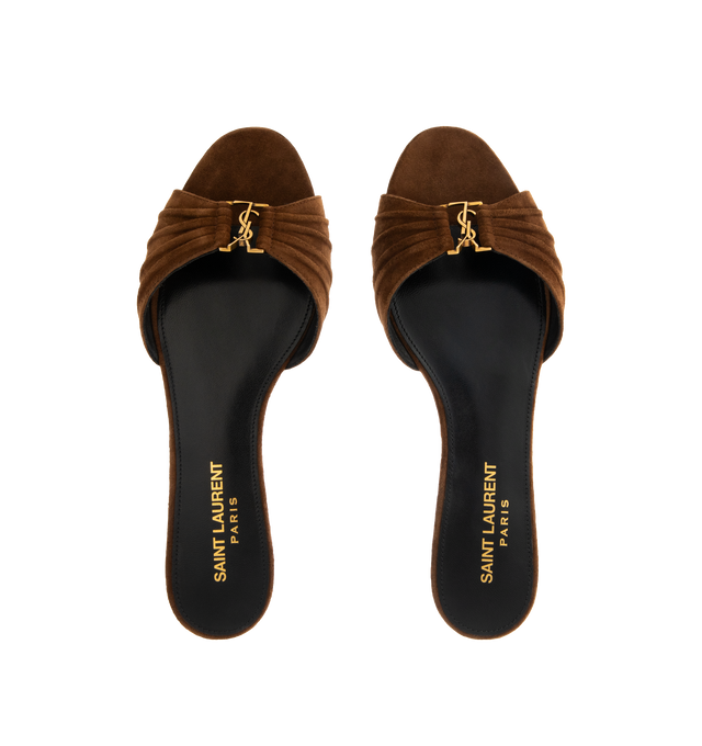 Image 4 of 4 - BROWN - SAINT LAURENT Babylone Slides in suede featuring flat slide sandals, an almond peep toe, gathered upper decorated with the cassandre and leather sole. Calfskin. Made in Italy.