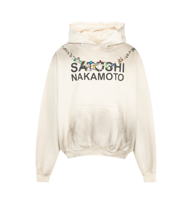 Image 1 of 2 - WHITE - SATOSHI NAKAMOTO Necklace Hoodie featuring relaxed-fit, fixed hood, decorative jewels and studs, kangaroo pocket, ribbed cuffs and hem, vintage-treated finish and logo text. 100% cotton.
