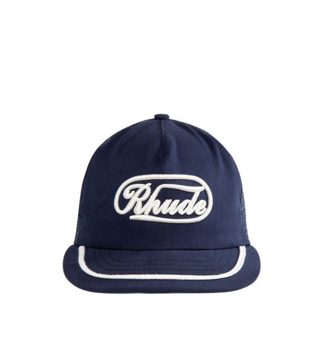 Image 1 of 2 - NAVY - RHUDE Logo Patch Trucker Hat featuring a classic-style canvas trucker hat topped with an R H U D E logo patch on the front and adjustable back strap. 65% polyester, 35% cotton. Made in USA.
