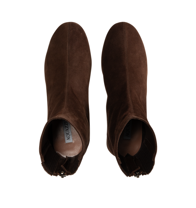 Image 4 of 4 - BROWN - Aquazzura Saint Honore Booties are expertly made in Italy from rich suede featuring softly pointed toes, easy back zip closure, and 35 mm block heels that give them a subtle retro feel.