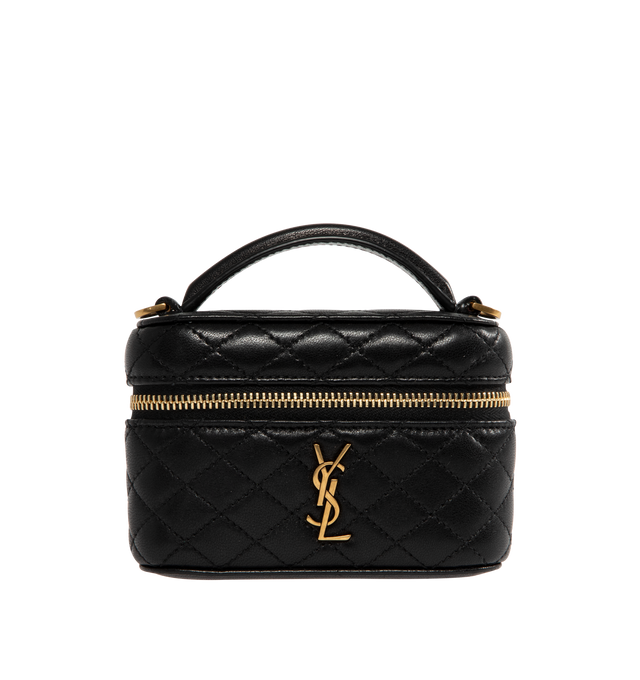 Image 1 of 3 - BLACK - Saint Laurent micro version of the GABY vanity sized to fit small items such as AirPods, keys, lipstick, and cards. Decorated with the CASSANDRE and diamond-quilted overstitching. Crafted from Lambskin and fully lined in leather, featuring a detachable chain strap for multiple carry options, bronze-toned hardware, zip closure, one card slot. Measures 4.7" x 3.1" x 1.6" with 1.8" handle drop and 21.7" strap drop. Made in Italy