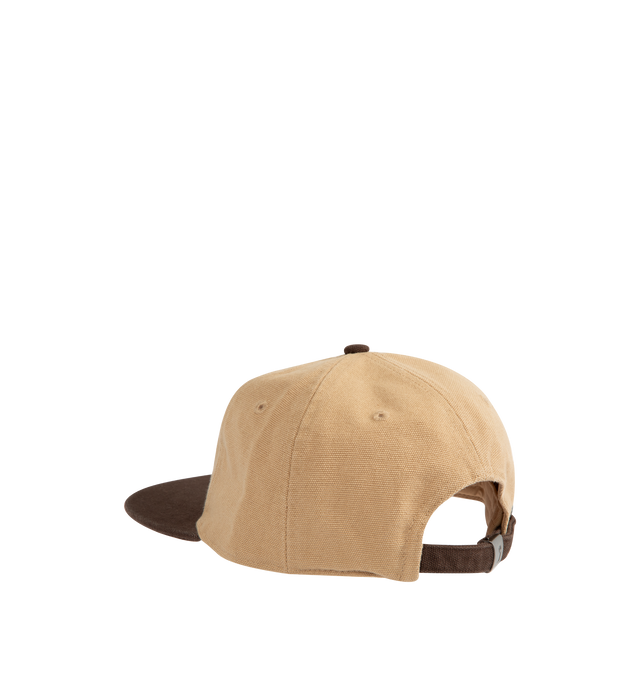 Image 2 of 3 - BROWN - CARHARTT Arcan Cap featuring lined front panel, six-panel style, firm, flat peak, unstructured, adjustable strap with metal buckle, embroidered ventilation eyelets and graphic print. 100% cotton.