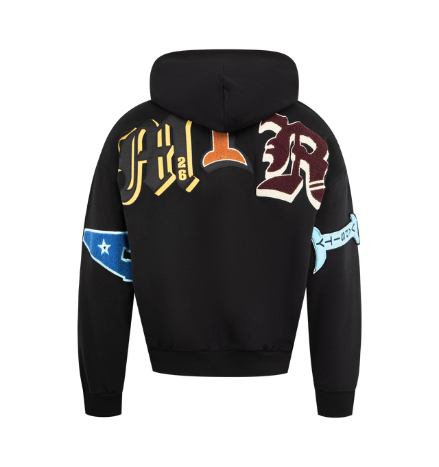 Image 2 of 2 - BLACK - AMIRI Varsity Patch Oversized Zip Hoodie featuring cotton fleece hoodie, two-way zip closure, logo patches at chest, sleeves, and back, text printed at front, patch pockets at waist, rib-knit hem and cuffs and dropped shoulders. 100% cotton. Made in Italy.
