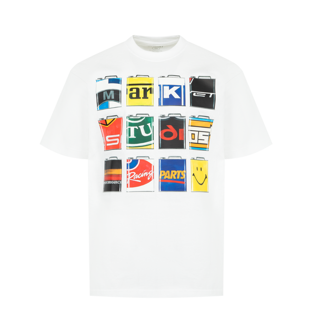 Image 1 of 2 - WHITE - MARKET Smiley Oil Can T-Shirt featuring short sleeves, crew neck, regular fit and graphic on front. 100% cotton.