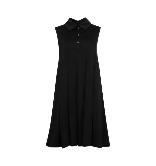 Image 1 of 2 - BLACK - Loewe Women's Dress in medium-weight stretch viscose cady featuring a trapeze silhouette with box pleats. Regular fit, knee length with polo collar, partial lining and LOEWE Anagram embossed leather patch placed at the back. Viscose/Elastane. Made in Spain.