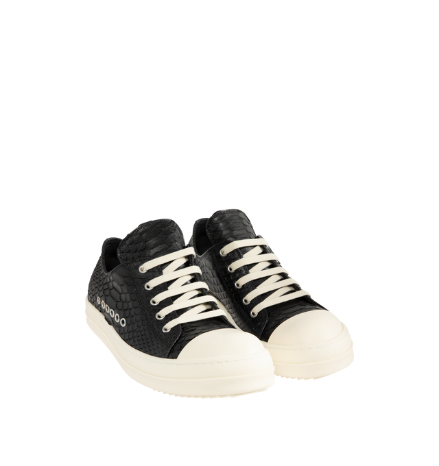 Image 2 of 5 - BLACK - RICK OWENS Extreme Low Sneakers featuring low top, python leather, signature elongated tongue, lace closure, side signature eyelet details, rubber sole and calfskin toe cap. Made in Italy.
