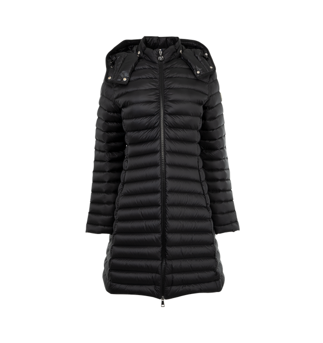 Image 1 of 3 - BLACK - Moncler Igelong Jacket has a detachable drawstring hood, a 2-way zip front closure, zipper pockets, and a rubberized logo patch. 90% down, 10% feather. Made in Armenia.