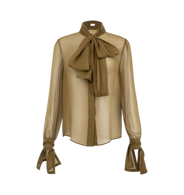 Image 1 of 2 - GREEN - Saint Laurent Women's Tie-Neck Crepe Mesh Silk Blouse is crafted from lightweight silk-crepe muslin and features a slightly loose silhouette with a signaturebow neckline, flowing long sleeves, and self-tie cuffs for an elegant, feminine finish. This designer silk blouse combines sheer, fluid construction with Saint Laurent's timeless Parisian sophistication. Main Material: 100% Silk. Closure: Concealed Front Closure. Made in Italy.