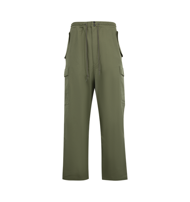 Image 1 of 3 - GREEN - JUNYA WATANABE Cargo Pant featuring elastic waist with drawstring, wide leg, two side pocket, two back pockets and two pockets on the legs.