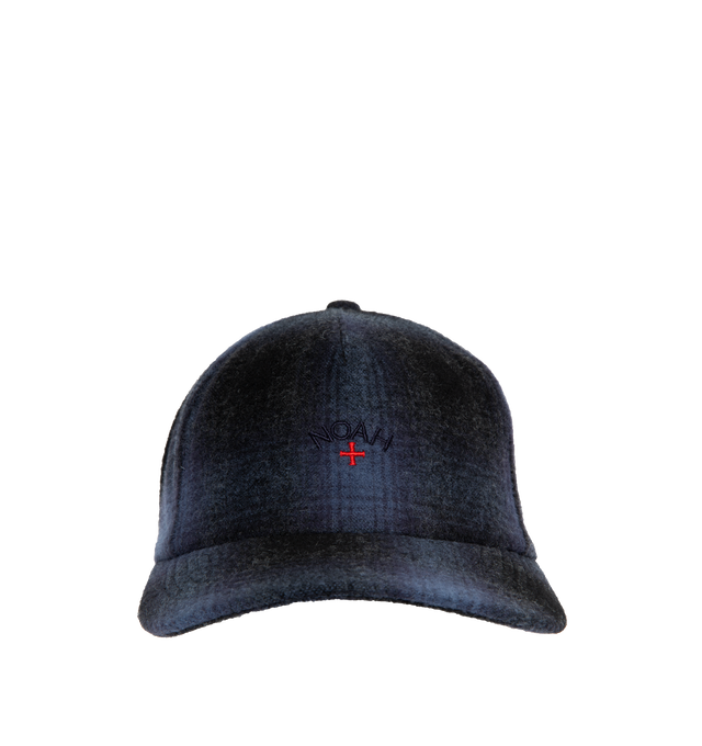 Image 1 of 1 - BLUE - NOAH Shadow Plaid 5-Panel Hat featuring embroidered logo at the front, plaid design, five-panel construction, adjustable strap, embroidered eyelets and curved brim. 90% wool, 10% nylon. 